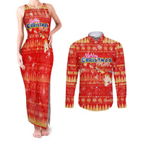 Merry Christmas Hawaii Couples Matching Tank Maxi Dress and Long Sleeve Button Shirt Xmas Travel Map DT02 Red - Polynesian Pride