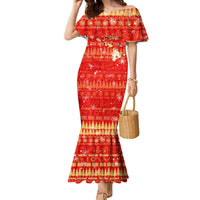 Merry Christmas Hawaii Family Matching Mermaid Dress and Hawaiian Shirt Xmas Travel Map DT02 Mom's Dress Red - Polynesian Pride