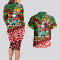 Mele Kalikimaka Shaka Santa Couples Matching Long Sleeve Bodycon Dress and Hawaiian Shirt Hawaiian Surf Christmas Design with Aloha Spirit DT02 - Polynesian Pride