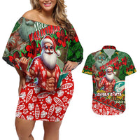 Mele Kalikimaka Shaka Santa Couples Matching Off Shoulder Short Dress and Hawaiian Shirt Hawaiian Surf Christmas Design with Aloha Spirit DT02 Green - Polynesian Pride