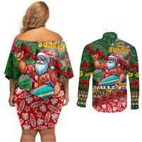 Mele Kalikimaka Shaka Santa Couples Matching Off Shoulder Short Dress and Long Sleeve Button Shirt Hawaiian Surf Christmas Design with Aloha Spirit DT02 - Polynesian Pride