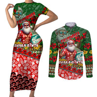 Mele Kalikimaka Shaka Santa Couples Matching Short Sleeve Bodycon Dress and Long Sleeve Button Shirt Hawaiian Surf Christmas Design with Aloha Spirit DT02 Green - Polynesian Pride