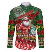 Mele Kalikimaka Shaka Santa Family Matching Short Sleeve Bodycon Dress and Hawaiian Shirt Hawaiian Surf Christmas Design with Aloha Spirit DT02 Dad's Shirt - Long Sleeve Green - Polynesian Pride