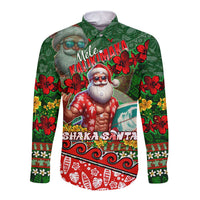 Mele Kalikimaka Shaka Santa Long Sleeve Button Shirt Hawaiian Surf Christmas Design with Aloha Spirit DT02 Unisex Green - Polynesian Pride