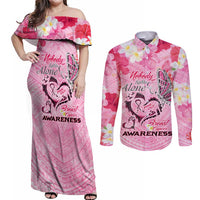 Butterfly Polynesia Breast Cancer Couples Matching Off Shoulder Maxi Dress and Long Sleeve Button Shirt Nobody Fights Alone Pink Out Tropical Hibiscus DT02 Pink - Polynesian Pride