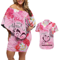 Butterfly Polynesia Breast Cancer Couples Matching Off Shoulder Short Dress and Hawaiian Shirt Nobody Fights Alone Pink Out Tropical Hibiscus DT02 Pink - Polynesian Pride