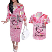 Butterfly Polynesia Breast Cancer Couples Matching Off The Shoulder Long Sleeve Dress and Hawaiian Shirt Nobody Fights Alone Pink Out Tropical Hibiscus DT02 Pink - Polynesian Pride