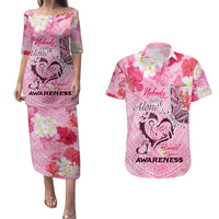 Butterfly Polynesia Breast Cancer Couples Matching Puletasi and Hawaiian Shirt Nobody Fights Alone Pink Out Tropical Hibiscus DT02 Pink - Polynesian Pride