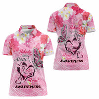 Butterfly Polynesia Breast Cancer Women Polo Shirt Nobody Fights Alone Pink Out Tropical Hibiscus
