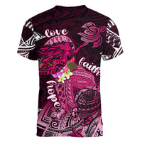 Breast Cancer Mermaid Polynesia Women V-Neck T-Shirt Faith Hope Love DT02 - Polynesian Pride