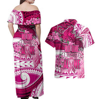 Breast Cancer Awareness Hawaii Couples Matching Off Shoulder Maxi Dress and Hawaiian Shirt Polynesia Girl Nobody Fights Alone