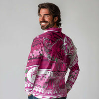 Breast Cancer Awareness Hawaii Long Sleeve Polo Shirt Polynesia Girl Nobody Fights Alone