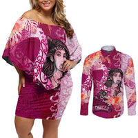 Breast Cancer New Zealand Couples Matching Off Shoulder Short Dress and Long Sleeve Button Shirt Maori Aotearoa Girl Pink Out DT02 Pink - Polynesian Pride