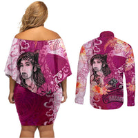 Breast Cancer New Zealand Couples Matching Off Shoulder Short Dress and Long Sleeve Button Shirt Maori Aotearoa Girl Pink Out DT02 - Polynesian Pride