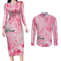 Breast Cancer Awareness Month Couples Matching Long Sleeve Bodycon Dress and Long Sleeve Button Shirt Butterfly Polynesia Watercolor Pink