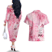 Breast Cancer Awareness Month Couples Matching Off The Shoulder Long Sleeve Dress and Hawaiian Shirt Butterfly Polynesia Watercolor Pink