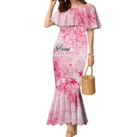 Breast Cancer Awareness Month Family Matching Mermaid Dress and Hawaiian Shirt Butterfly Polynesia Watercolor Pink DT02 Mom's Dress Pink - Polynesian Pride
