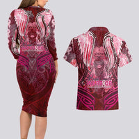 Breast Cancer Warrior Couples Matching Long Sleeve Bodycon Dress and Hawaiian Shirt Angel Wings Polynesian Pattern DT02 - Polynesian Pride
