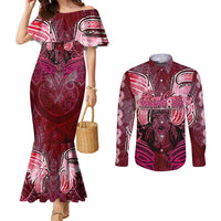 Breast Cancer Warrior Couples Matching Mermaid Dress and Long Sleeve Button Shirt Angel Wings Polynesian Pattern DT02 Pink - Polynesian Pride