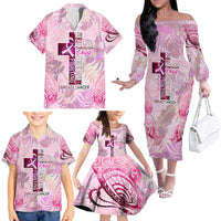 Breast Cancer Polynesian Family Matching Off The Shoulder Long Sleeve Dress and Hawaiian Shirt I Can Do All Things Through Christ DT02 - Polynesian Pride