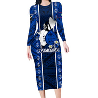 Guam Chamorro Warrior Family Matching Long Sleeve Bodycon Dress and Hawaiian Shirt Traditional Tribal Patterns DT02 Mom's Dress Blue - Polynesian Pride