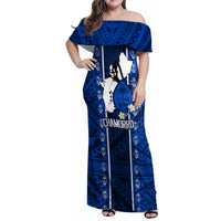 Guam Chamorro Warrior Family Matching Off Shoulder Maxi Dress and Hawaiian Shirt Traditional Tribal Patterns DT02 Mom's Dress Blue - Polynesian Pride