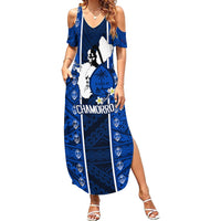 Guam Chamorro Warrior Family Matching Summer Maxi Dress and Hawaiian Shirt Traditional Tribal Patterns DT02 Mom's Dress Blue - Polynesian Pride