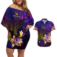 Wallis and Futuna Couples Matching Off Shoulder Short Dress and Hawaiian Shirt Whale Hibiscus Polynesian DT02 Purple - Polynesian Pride