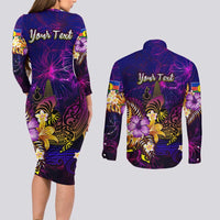 New Caledonia Couples Matching Long Sleeve Bodycon Dress and Long Sleeve Button Shirt Whale Hibiscus Polynesian DT02 - Polynesian Pride