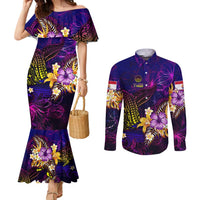 Tahiti French Polynesia Couples Matching Mermaid Dress and Long Sleeve Button Shirt Whale Hibiscus Polynesian DT02 Purple - Polynesian Pride