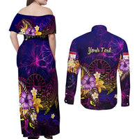 Tahiti French Polynesia Couples Matching Off Shoulder Maxi Dress and Long Sleeve Button Shirt Whale Hibiscus Polynesian DT02 - Polynesian Pride