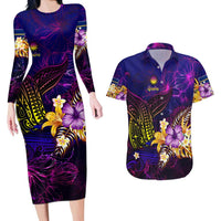 Nauru Couples Matching Long Sleeve Bodycon Dress and Hawaiian Shirt Whale Hibiscus Polynesian DT02 Purple - Polynesian Pride