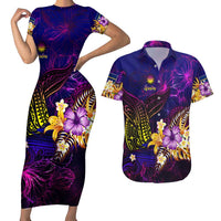 Nauru Couples Matching Short Sleeve Bodycon Dress and Hawaiian Shirt Whale Hibiscus Polynesian DT02 Purple - Polynesian Pride