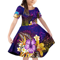 Tuvalu Family Matching Off Shoulder Short Dress and Hawaiian Shirt Whale Hibiscus Polynesian DT02 Daughter's Dress Purple - Polynesian Pride