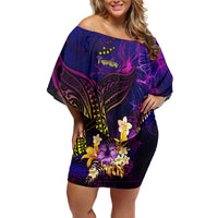 Tuvalu Family Matching Off Shoulder Short Dress and Hawaiian Shirt Whale Hibiscus Polynesian DT02 Mom's Dress Purple - Polynesian Pride