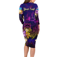 Tuvalu Long Sleeve Bodycon Dress Whale Hibiscus Polynesian