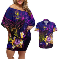 Northern Mariana Islands Couples Matching Off Shoulder Short Dress and Hawaiian Shirt Whale Hibiscus Polynesian DT02 Purple - Polynesian Pride
