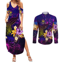 Northern Mariana Islands Couples Matching Summer Maxi Dress and Long Sleeve Button Shirt Whale Hibiscus Polynesian