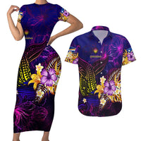 Marshall Islands Couples Matching Short Sleeve Bodycon Dress and Hawaiian Shirt Whale Hibiscus Polynesian DT02 Purple - Polynesian Pride