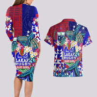 Manu Samoa Rugby 2023 Couples Matching Long Sleeve Bodycon Dress and Hawaiian Shirt Humpback Whale Hexagon Tribal Tropical Style DT02 - Polynesian Pride