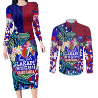 Manu Samoa Rugby 2023 Couples Matching Long Sleeve Bodycon Dress and Long Sleeve Button Shirts Humpback Whale Hexagon Tribal Tropical Style DT02 Blue - Polynesian Pride