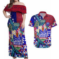 Manu Samoa Rugby 2023 Couples Matching Off Shoulder Maxi Dress and Hawaiian Shirt Humpback Whale Hexagon Tribal Tropical Style DT02 Blue - Polynesian Pride