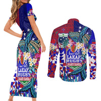 Manu Samoa Rugby 2023 Couples Matching Short Sleeve Bodycon Dress and Long Sleeve Button Shirts Humpback Whale Hexagon Tribal Tropical Style DT02 - Polynesian Pride