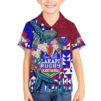 Manu Samoa Rugby 2023 Family Matching Off Shoulder Maxi Dress and Hawaiian Shirt Humpback Whale Hexagon Tribal Tropical Style DT02 Son's Shirt Blue - Polynesian Pride