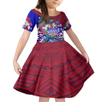 Manu Samoa Rugby 2023 Family Matching Summer Maxi Dress and Hawaiian Shirt Humpback Whale Hexagon Tribal Tropical Style DT02 Daughter's Dress Blue - Polynesian Pride