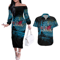Fiji Rugby Couples Matching Off The Shoulder Long Sleeve Dress and Hawaiian Shirt Bring The Heat DT02 Blue - Polynesian Pride