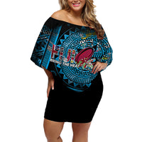 Fiji Rugby Family Matching Off Shoulder Short Dress and Hawaiian Shirt Bring The Heat DT02 Mom's Dress Blue - Polynesian Pride