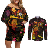 Wallis and Futuna Couples Matching Off Shoulder Short Dress and Long Sleeve Button Shirt Octopus Plumeria Polynesian Tattoo DT02 Black - Polynesian Pride
