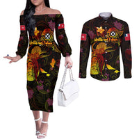 Wallis and Futuna Couples Matching Off The Shoulder Long Sleeve Dress and Long Sleeve Button Shirt Octopus Plumeria Polynesian Tattoo DT02 Black - Polynesian Pride