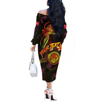 Wallis and Futuna Off The Shoulder Long Sleeve Dress Octopus Plumeria Polynesian Tattoo DT02 - Polynesian Pride